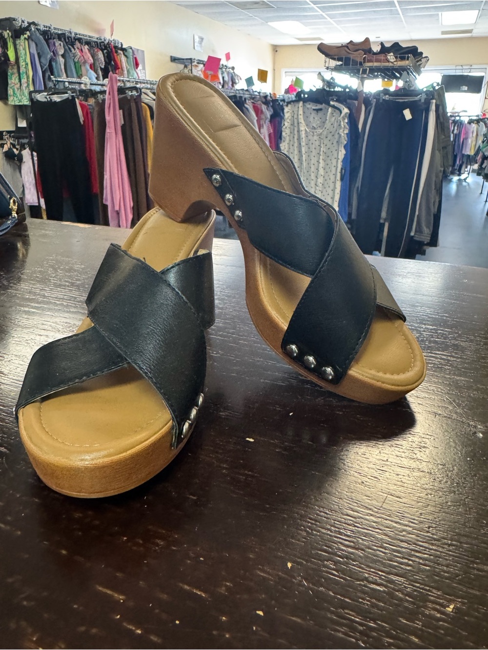 Kaari Blue Black Crisscross Platform Wedge Sandals